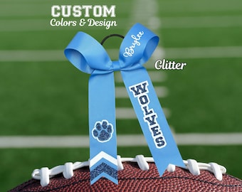 Custom Collegiate Glitter Cheer Bow, Carolina Blue Navy, Paw Cheer Bow, Team Colors