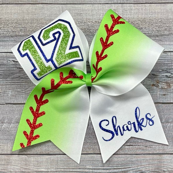 Softball Bow, White and Lime Green Ombre, with Name and Number or Mascot In Your Choice of Two Glitter Colors