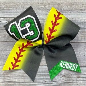 Softball Bow, Black with Softball Yellow Ombre, with Name or Mascot and Number In Your Choice of Glitter, Grass Green Shown