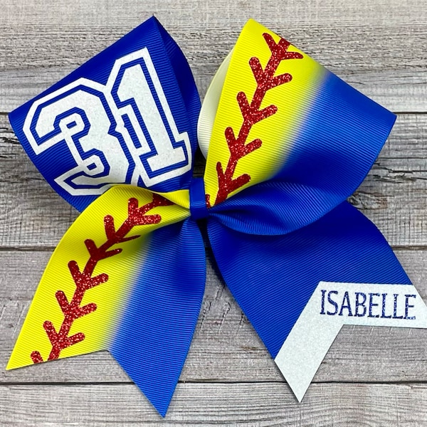 Softball Bow, Royal Blue with Softball Yellow Ombre, with Name and Number or Mascot In Choice of Two Glitter Colors, Royal Blue and White