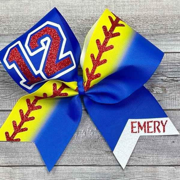 Softball Bow, Royal Blue with Softball Yellow Ombre, with Name and Number or Mascot In Your Choice of Two Glitter Colors