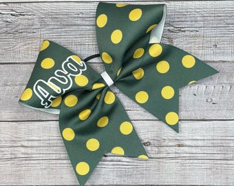 Lazo de animadora verde oscuro y dorado, lazo de animadora de lunares con nombre: su elección de dos colores, lazo de animadora sublimado personalizado