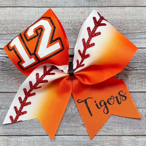 Softball Bow, White and Orange Ombre, with Name and Number or Mascot In Your Choice of Two Glitter Colors