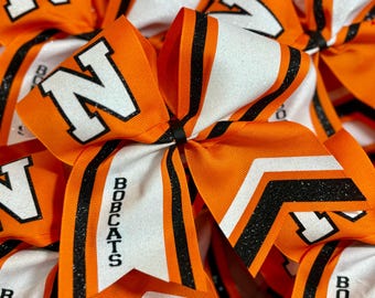 Orange Black White Glitter Cheer Bow with Mascot and name, Cheer Bow, Sparkly Cheer Bow, Glitter Cheer Bow, You choose colors!