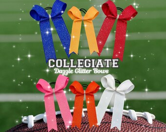 May include: Six glittery hair bows in blue, yellow, and red, pink, orange, and white. Each bow has a rhinestone accent and is attached to a black elastic band. The text "COLLEGIATE Dazzle Glitter Bows" is displayed.