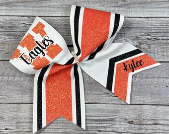 Orange Black White Glitter Cheer Bow with Mascot and Name, Cheer Bow, Sparkly Cheer Bow, Glitter Cheer Bow, You choose colors!