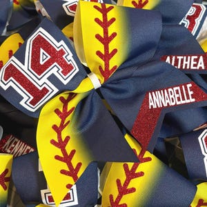 Softball Bow, Navy Blue with Softball Yellow Ombre, with Name and Number or Mascot In Choice of Two Glitter Colors, Navy and Red