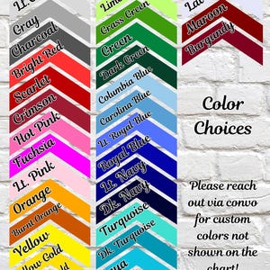 Puede incluir: Una carta de colores con una variedad de opciones, incluyendo negro, gris, rojo, rosa, naranja, amarillo, verde, azul y morado. El texto "Color Choices" se muestra, junto con una llamada a contactar para colores personalizados.