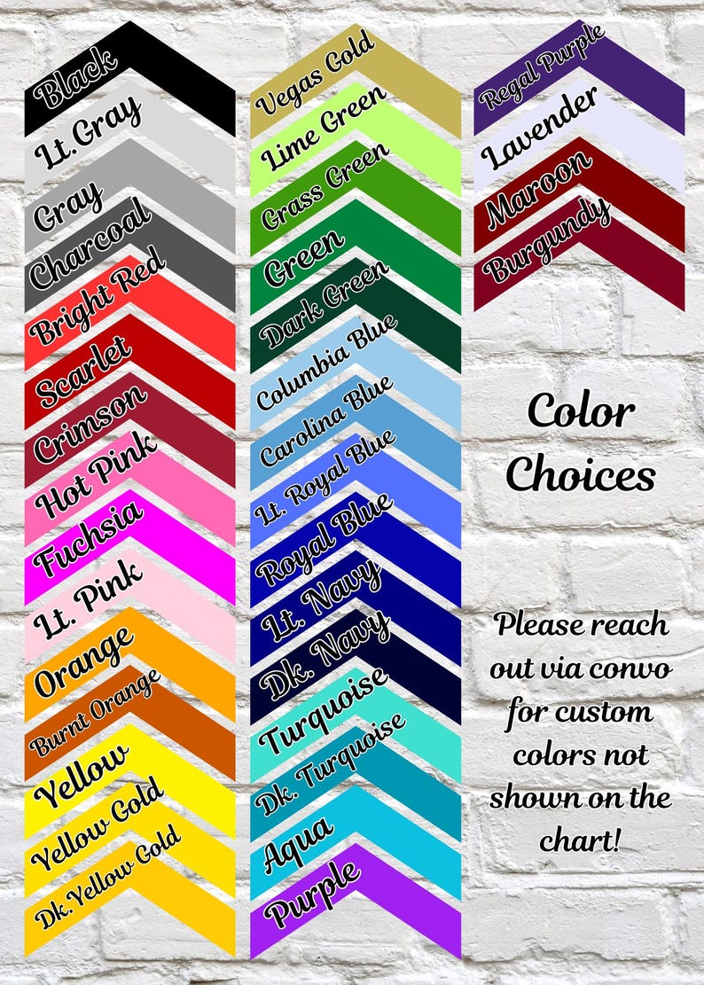 Puede incluir: Una carta de colores con una variedad de opciones, incluyendo negro, gris, rojo, rosa, naranja, amarillo, verde, azul y morado. El texto "Color Choices" se muestra, junto con una llamada a contactar para colores personalizados.