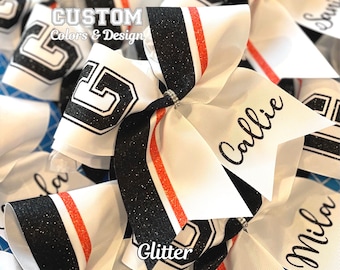 Black and Orange Custom Glitter Cheer Bow, Competition Bow, Sparkly Cheer Bow, White Black Orange Bow, Sideline Bow, Choose Glitter Colors