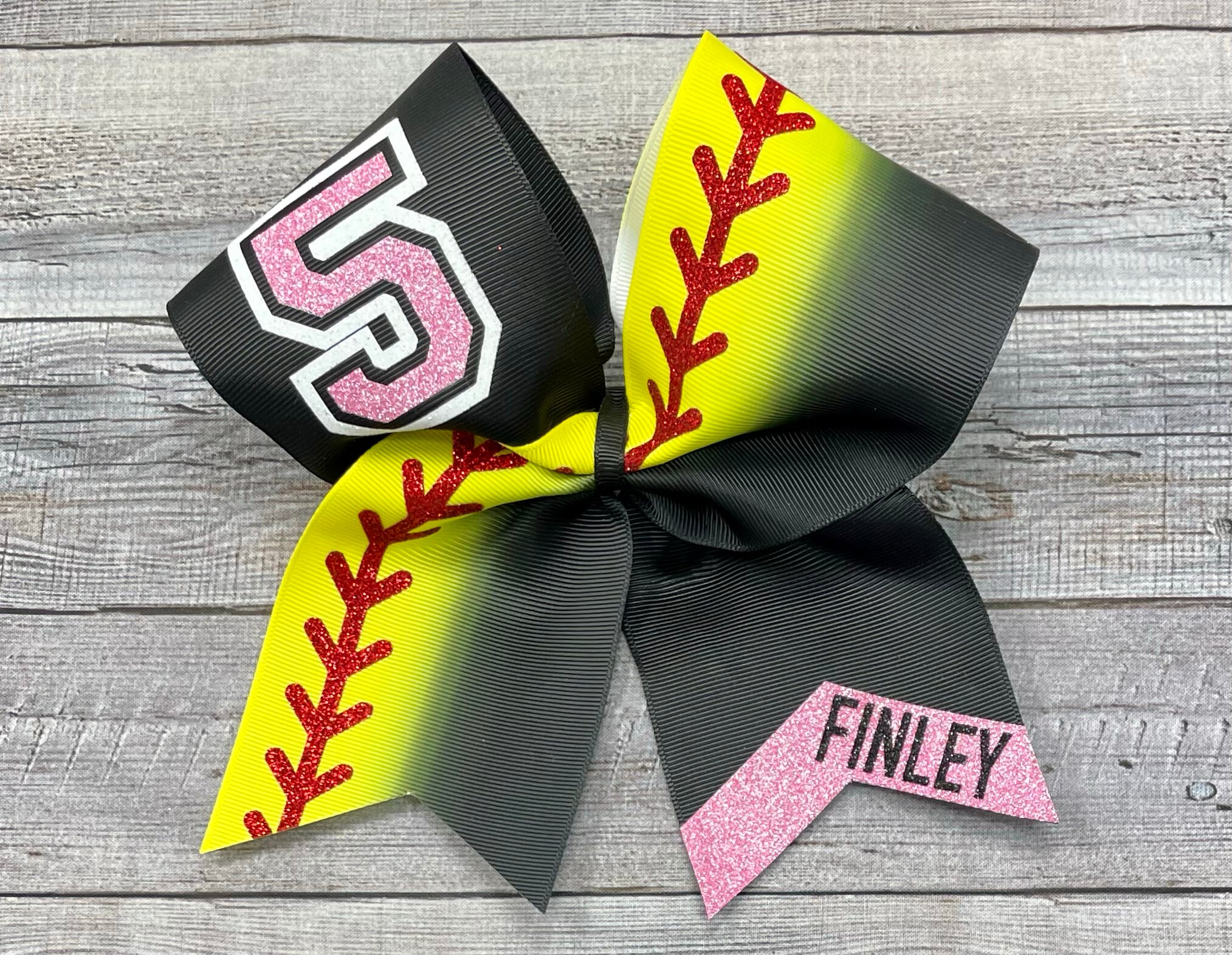 Softball Bow, Black with Softball Yellow Ombre, with Name or Mascot and Number In Your Choice of Glitter, Flamingo Pink Shown