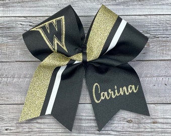 Black and Gold Custom Glitter Cheer Bow, Competition Bow, Sparkly Cheer Bow, Black Gold White Bow, Sideline Bow, Choose Glitter Colors