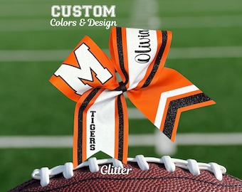 Orange Black White Glitter Cheer Bow with Mascot and Name, Cheer Bow, Sparkly Cheer Bow, Glitter Cheer Bow, You choose colors!