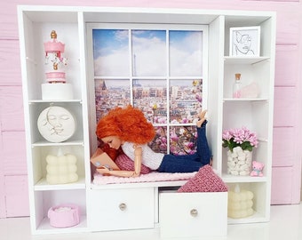 Bookcase with window, Diorama for dolls, 1/6 scale doll furniture, Wardrobe with shelves for dollhouse, roombox