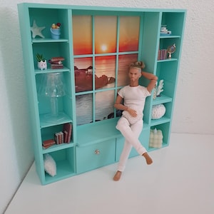 Diorama for dolls, Bookcase with window, 1/6 scale doll furniture, Wardrobe with shelves for dollhouse, roombox