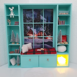 Diorama for dolls, Bookcase with window, 1/6 scale doll furniture, Wardrobe with shelves for dollhouse, roombox