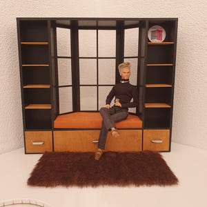 Bookcase with window &#39;&#39;Linda&#39;&#39;, Diorama for dolls, 1/6 scale doll furniture, Wardrobe with shelves for dollhouse, roombox