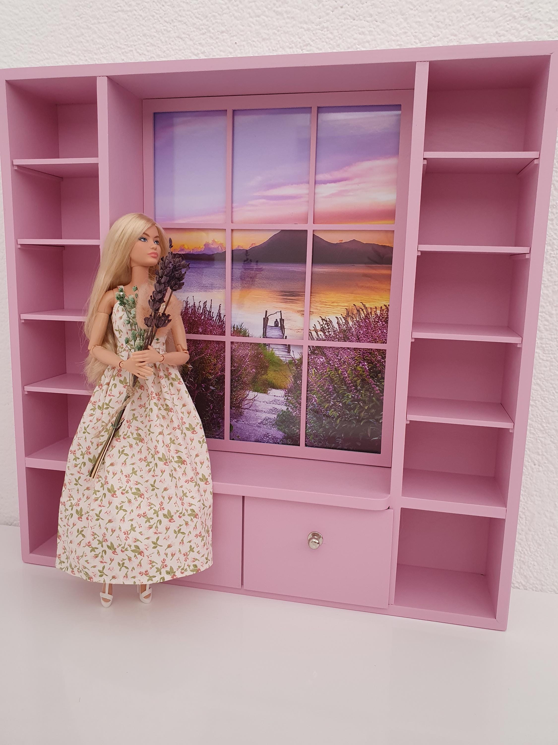 Diorama for dolls, Bookcase with window, 1/6 scale doll furniture, Wardrobe with shelves for dollhouse, roombox