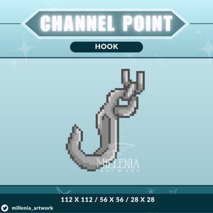 Könnte beinhalten: Eine Pixel-Art-Illustration eines silbernen Hakens. Der Haken hat die Form eines 'J' mit einer Schlaufe oben. Das Bild ist mit "HOOK" und "CHANNEL POINT" beschriftet.