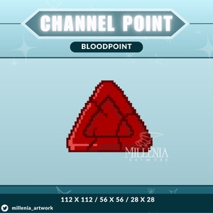 Könnte beinhalten: Ein roter Pixel-Art-Blutpunkt, eine dreieckige Form mit einem gezackten Rand, für ein Videospiel. Das Bild ist mit "Bloodpoint" und "Channel Point" beschriftet.