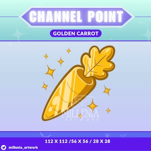 Könnte beinhalten: Eine goldene Karotte mit grünem Blattwerk oben und funkelnden Sternen drumherum. Der Text "CHANNEL POINT" und "GOLDEN CARROT" befindet sich oben im Bild. Der Text "MILLENIA ARTWORK" befindet sich unten im Bild. Der Text "112 X 112 / 56 X 56 / 28 X 28" befindet sich unten im Bild.