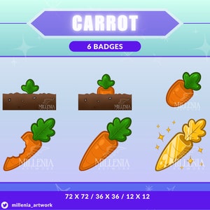 Könnte beinhalten: Sechs Comic-Karotten-Abzeichen in verschiedenen Wachstumsstadien. Die Abzeichen sind in verschiedenen Größen erhältlich, darunter 72x72 Pixel, 36x36 Pixel und 12x12 Pixel. Die Abzeichen zeigen eine grüne, belaubte Spitze, eine orange Karotte und einen braunen Erdfleck.
