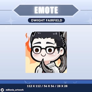 Könnte beinhalten: Eine Cartoon-Illustration von Dwight Fairfield aus Dead by Daylight. Er trägt ein weißes Hemd und eine Brille. Er ist von Flammen umgeben und hat ein schwarz-weißes Wesen hinter sich. Der Text "EMOTE" und "DWIGHT FAIRFIELD" befindet sich über dem Bild. Der Text "112 X 112 / 56 X 56 / 28 X 28" befindet sich unter dem Bild.