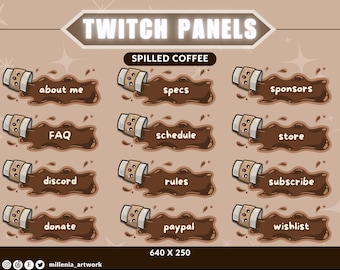 Può includere: Un set di 12 pannelli Twitch con un tema di caffè versato. Ogni pannello presenta una tazza di caffè di cartone animato con un viso carino e un'etichetta di testo diversa, come "chi sono", "specifiche", "sponsor", "FAQ", "programma", "negozio", "discord", "regole", "iscriviti", "donazioni", "paypal" e "lista dei desideri". I pannelli sono progettati in colori marrone e bianco con uno sfondo marrone.