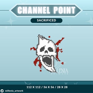 Könnte beinhalten: Pixelige weiße Totenkopf-Grafik mit roten Blutspritzern, beschriftet mit "SACRIFICED" und "CHANNEL POINT". Das Kunstwerk befindet sich vor einem hellblauen Hintergrund mit dekorativem Rand. Das Bild enthält den Namen des Künstlers und Social-Media-Handles.