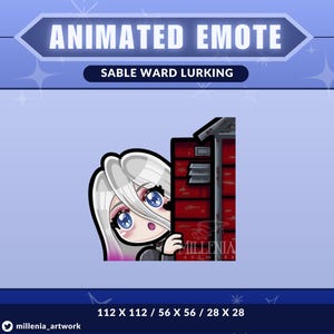May include: Animated Twitch emote featuring a white-haired character peeking from behind a red brick wall. The character has blue eyes and is wearing a black and white outfit. The emote is titled "Sable Ward Lurking".