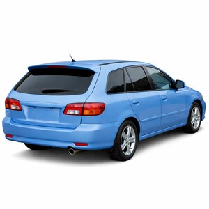 May include: A light blue estate car viewed from the rear three-quarter angle. The vehicle features a rear spoiler, silver alloy wheels, a single exhaust pipe, and tinted windows. The body is smooth with integrated taillights and a rear wiper.