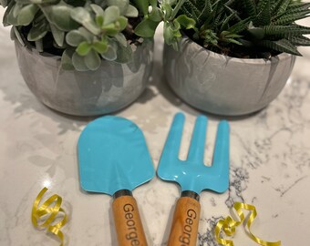 Kids Personalised Gardening Tool Set - Blue Fork & Trowel Garden Kit - Ideal Childrens Gift for Boy or Girl