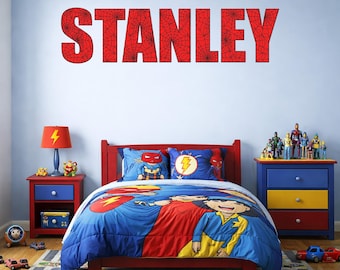 Pegatina personalizada con nombre de Spiderman Web, decoración de pared para habitación infantil de superhéroes.