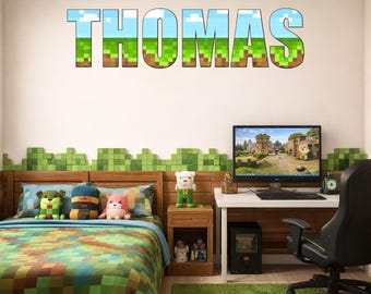 Vinilo decorativo personalizado con diseño de bloques pixelados, adhesivo de pared, decoración para la habitación infantil con temática de juegos.