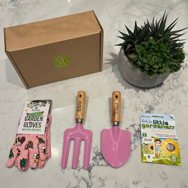 « Mon premier kit de jardinage personnalisé pour enfants » - Fourchette, truelle, gants et graines roses - Trousse d'outils de jardin - Cadeau idéal pour les enfants