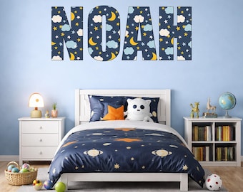 Vinilo decorativo infantil personalizado de luna y estrellas, calcomanía con nombre, decoración de dormitorio con cielo nocturno