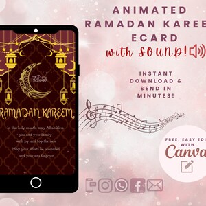 Cartão digital Ramadan Kareem, cartão digital Ramadan Mubarak, cartão de felicitações islâmico, download digital animado, feriado muçulmano, cartão islâmico vermelho