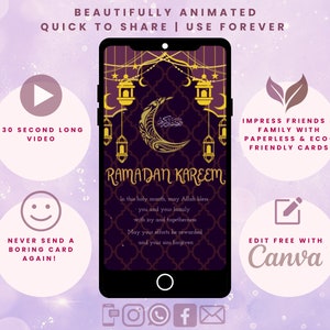 Tarjeta digital de Ramadán Kareem, tarjeta electrónica de Ramadán Mubarak, saludo de Ramadán, descarga digital, tarjeta de felicitación musulmana e islámica, tarjeta morada de Ramadán.