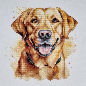 May include: Cross-stitch pattern of a golden retriever dog with a happy expression. The dog is looking directly at the viewer with its tongue slightly sticking out. The background is a light beige color with a few brown spots.