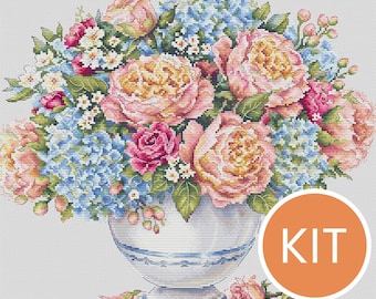 KIT Floral Symphony Cross Stitch Kit contains Aida, DMC cotton floss, printed pattern | Floral Bouquet in Vase Embroidery Kit