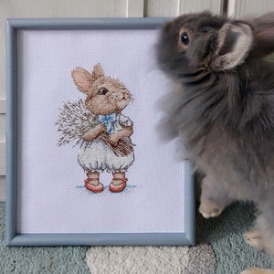 Cute Bunny Boy with Willow Bouquet Cross-Stitch Pattern PDF Easter Baby Rabbit with Flowers Embroidery Animal Stitching Chart Downloadable