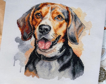 ビーグル犬の水彩画ポートレートクロスステッチパターン（PDFパターン