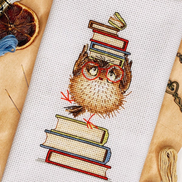 Owl with Books Cross-Stitch Pattern Bookworm Bird Embroidery Chart Cute Wise Own in Glasses Little Bird with Books Instant Download PDF
