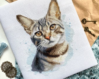 Watercolor Tabby Cat Cross Stitch Pattern Domestic Shorthair Cat Portrait Xstitch Chart Feline Embroidery Cat Lover Needlepoint Grey Kitten