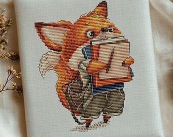 Student Fox Cross Stitch Pattern | Boy Fox with Books PDF & SAGA | Easy Mini Animal Embroidery | School Theme Design