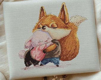 Cute Animal Friends Cross Stitch Pattern | Bunny and Fox Hugging PDF & SAGA | Easy Kids Embroidery | Friendship Theme Design