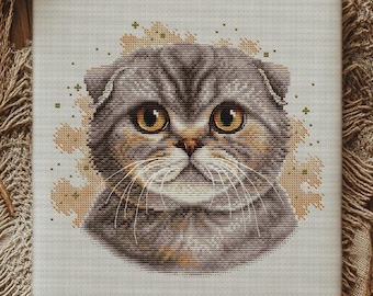 Tabby Scottish Fold Cross Stitch Pattern | Silver Marble Cat Portrait PDF & SAGA | Realistic Fold Cat Embroidery | Instant Download