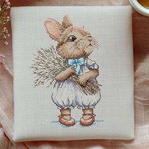 Cute Bunny Boy with Willow Bouquet Cross-Stitch Pattern PDF Easter Baby Rabbit with Flowers Embroidery Animal Stitching Chart Downloadable