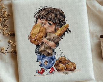 Girl with Baguette Cross Stitch Pattern | Cute Funny Girl Eating Bread | Small Easy PDF & SAGA Embroidery Chart