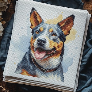 Australian Cattle Dog Cross Stitch Pattern Watercolor Dog Portrait PDF Chart Red Blue Heeler Puppy Embroidery Canine Xstitch Shepherd Dog